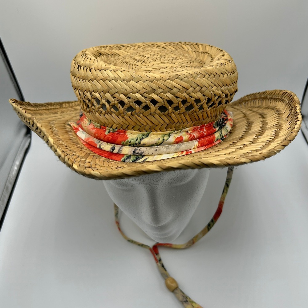 Tropical Trends Womens Small Rush Straw Lifeguard Hat Palm Tree‎ Band Chin Strap